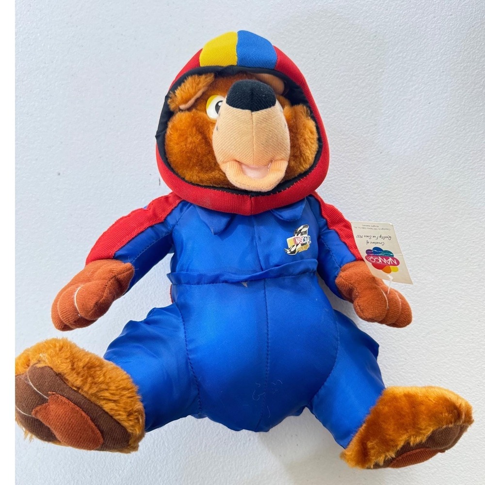 VTG Nanco NASCAR Bear Plush Toy Stuffed Animal 1997 Blue Red Hooded Jumpsuit